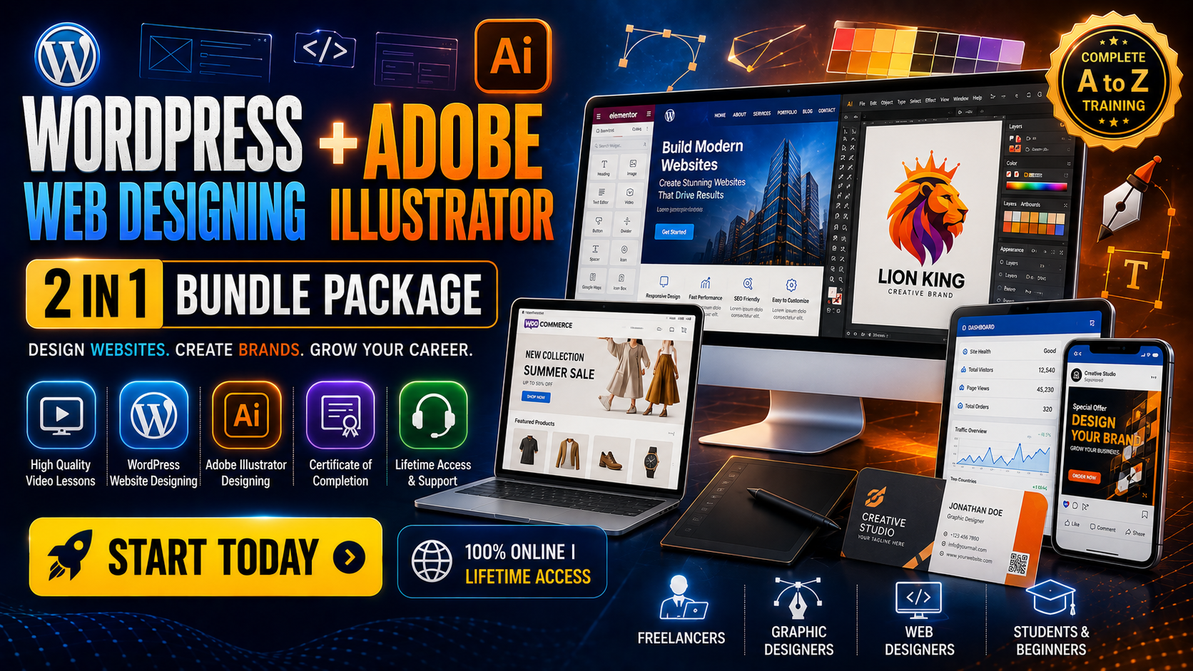 WordPress Web Designing + Adobe Illustrator (02 In 01 Bundle Package)